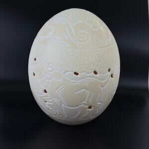Hand Carved Ostrich Egg Rhino Elephant Water Buffalo Lion Tiger Signed Vintage